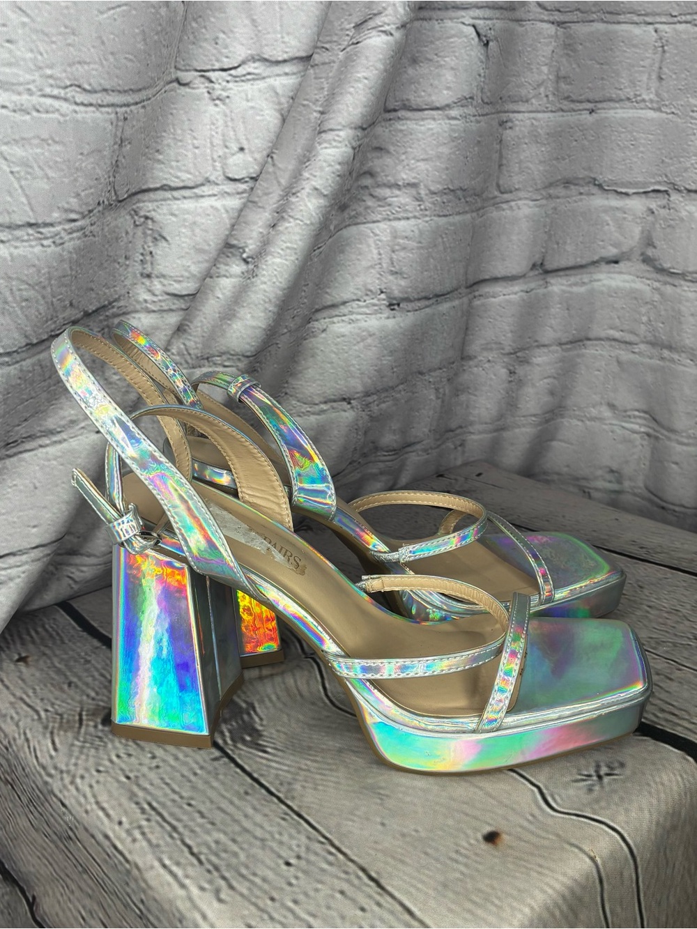 Retro y2k Cybercore Bratz Rainbow Holographic Chunky Flare Block Heel Sandals 8
